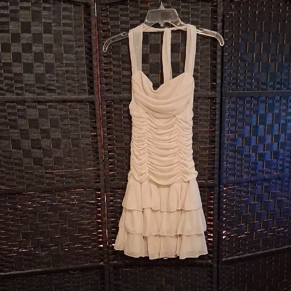XOXO Cream Halter Tiered Mini Dress